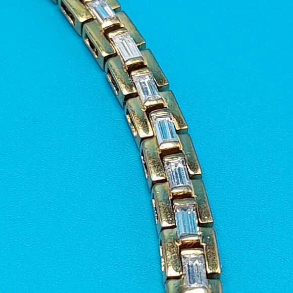 Vintage Clear Baguette Rhinestone Tennis Bracelet, Gold Plated, 7 Inches - Picture 8 of 10